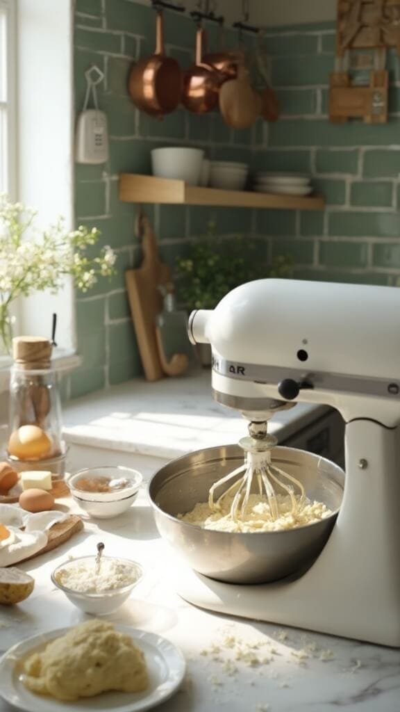 Perfect Homemade Cinnamon Rolls (Beginner-Friendly) 3 Professional food photography in a modern kitchen with fresh baking ingredients and dough in a stand mixer, lit by natural daylight
