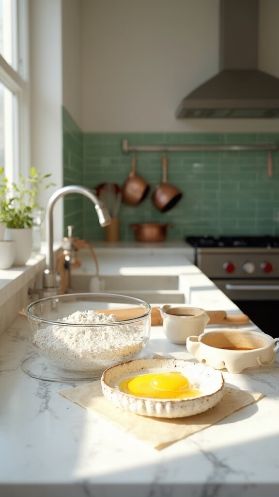 Flaky Herb Biscuits 3 Modern kitchen setup with baking ingredients on marble countertop, lit by natural daylight