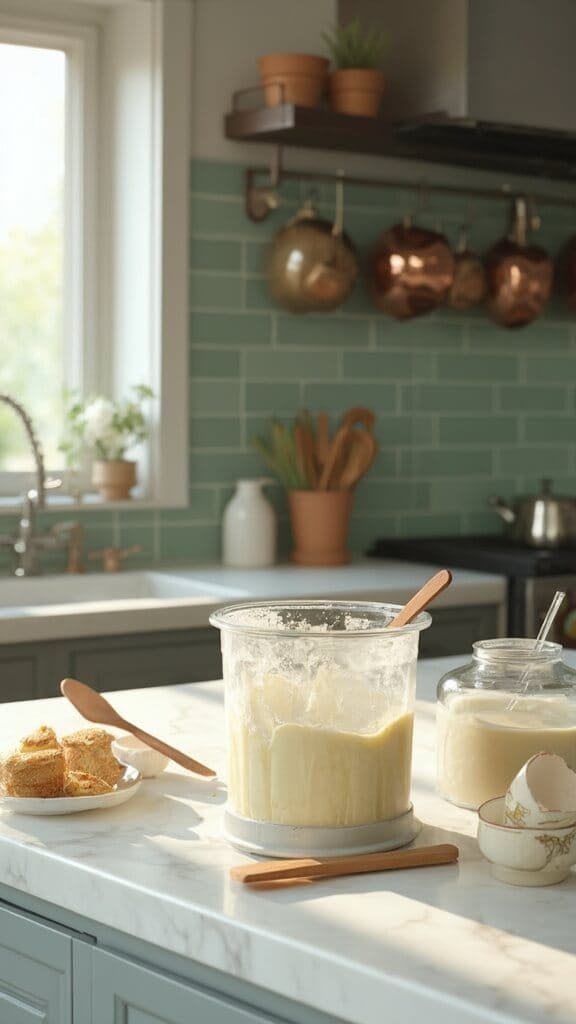 Perfect Keto Waffles 4 Modern kitchen with white marble countertop, stainless steel appliances and green subway tile backsplash, featuring blender with creamy batter, wooden utensils and empty egg shells.