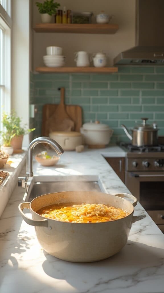 Turkey &Amp; Wild Rice Soup 6 Simmering soup in a dutch oven in a modern kitchen with white marble countertops, green subway tile backsplash, and natural daylight.