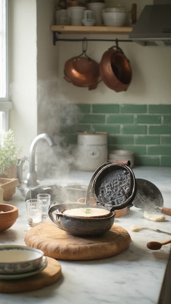 Perfect Keto Waffles 5 Modern kitchen with green subway tiles and stainless steel waffle iron cooking batter, illuminated by natural daylight