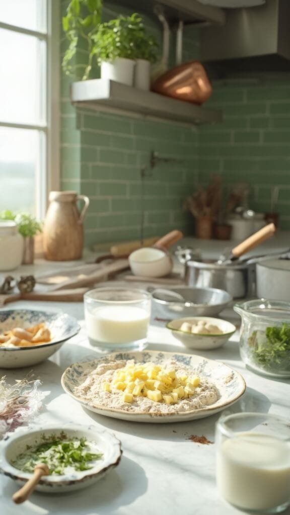 Flaky Herb Biscuits 4 Professional food photography in a modern kitchen featuring pastry cutter creating butter pieces in flour mixture, fresh herbs and buttermilk in a glass measuring cup
