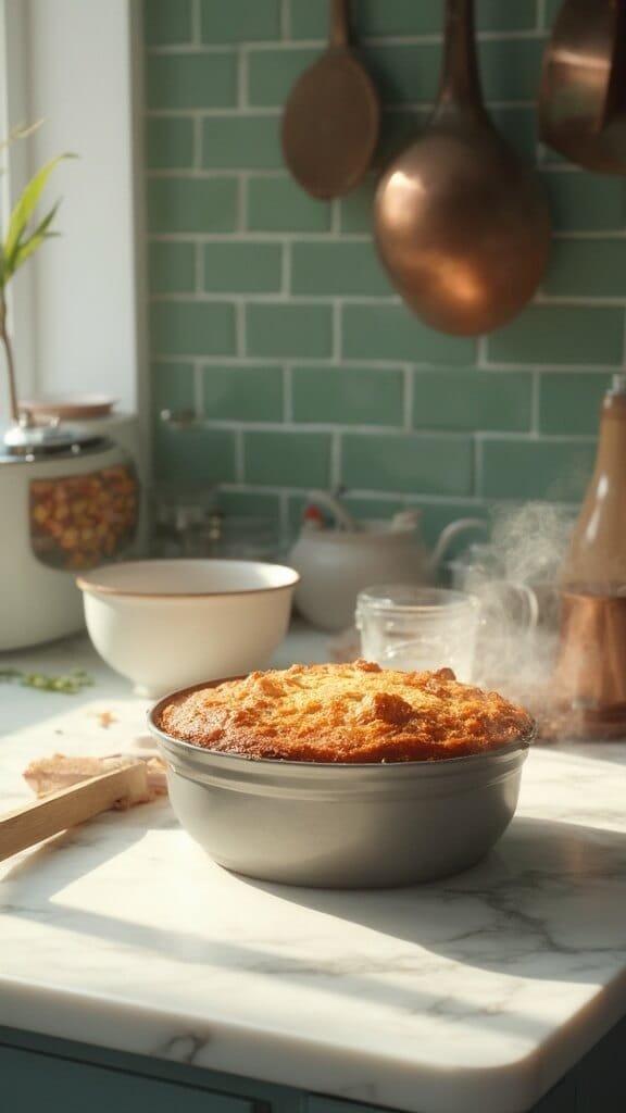 Freshly baked cake in a modern kitchen with green subway tile backsplash, wooden utensils, and cream-colored prep bowls under natural daylight.