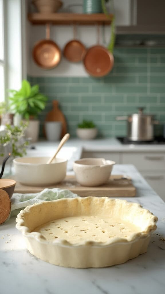 Dense &Amp; Ultra Low-Carb Coconut Flour Pie Crust 6 Prepared pie dough in a greased pan on a marble countertop in a modern kitchen with green subway tile backsplash