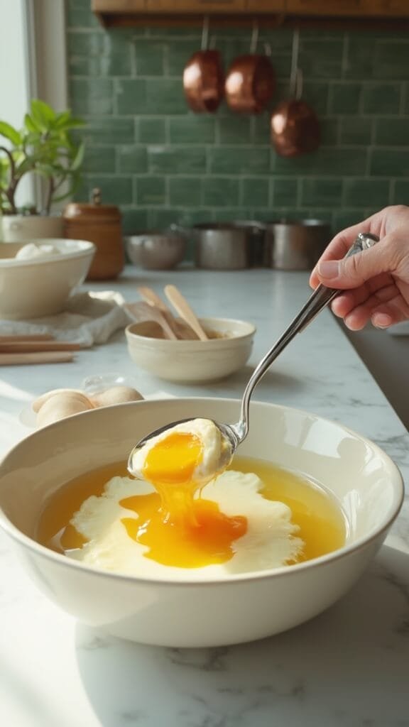 Professional chef removing a perfectly poached egg from water with a slotted spoon in a modern kitchen with green subway tile backsplash and warm, earthy color grading