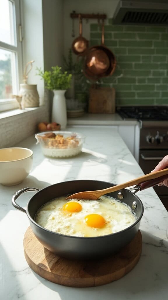 Two eggs being poached in a saucepan on a modern kitchen countertop with wooden utensils and cream-colored ceramic bowls, lit by natural daylight