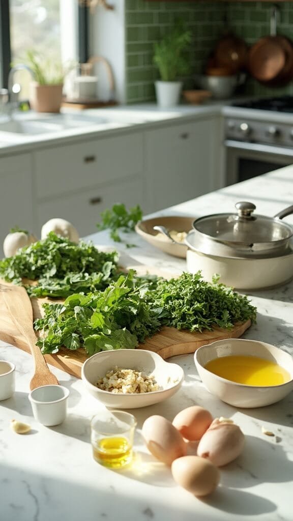Modern kitchen with fresh ingredients and cookware arranged on white marble countertop, illuminated by natural daylight.