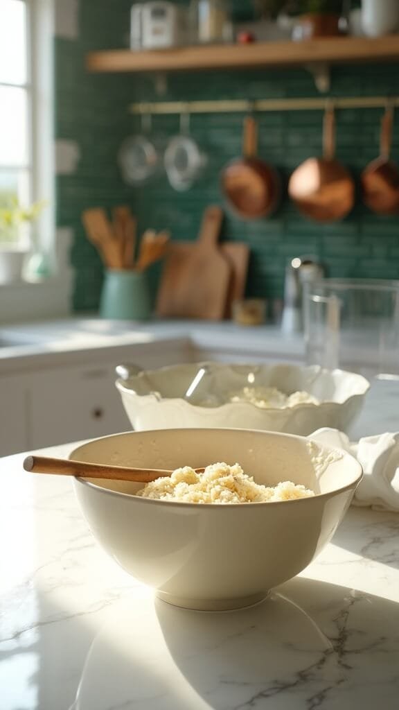 Protein Baklava Cups 5 Modern kitchen with green subway tile backsplash, cream-colored ceramic bowl of baklava mixture, wooden spoon, and modern cookware under natural daylight