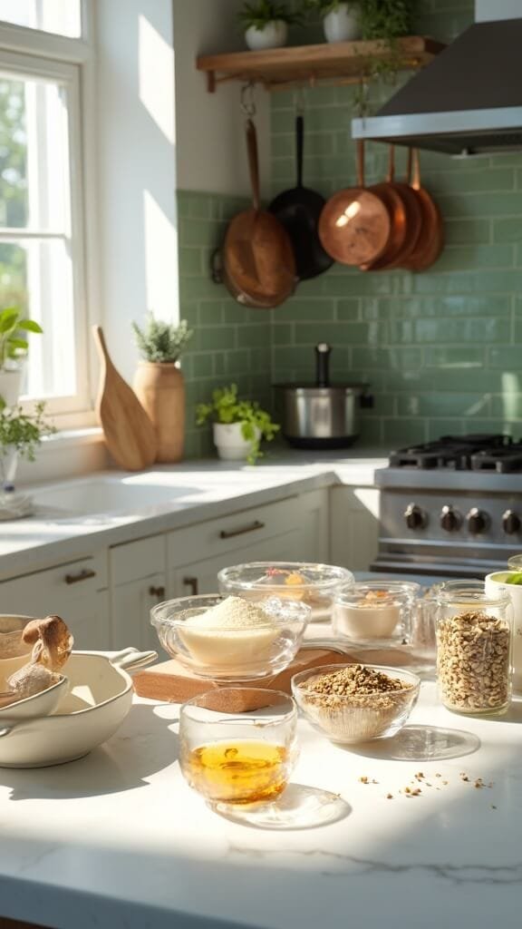 Protein Baklava Cups 3 Ingredients for making protein baklava cups neatly arranged on a modern kitchen countertop under natural daylight, featuring a mini muffin tin, food processor, and glass bowls with mixed nuts, protein powder, almond butter, honey, and spices.