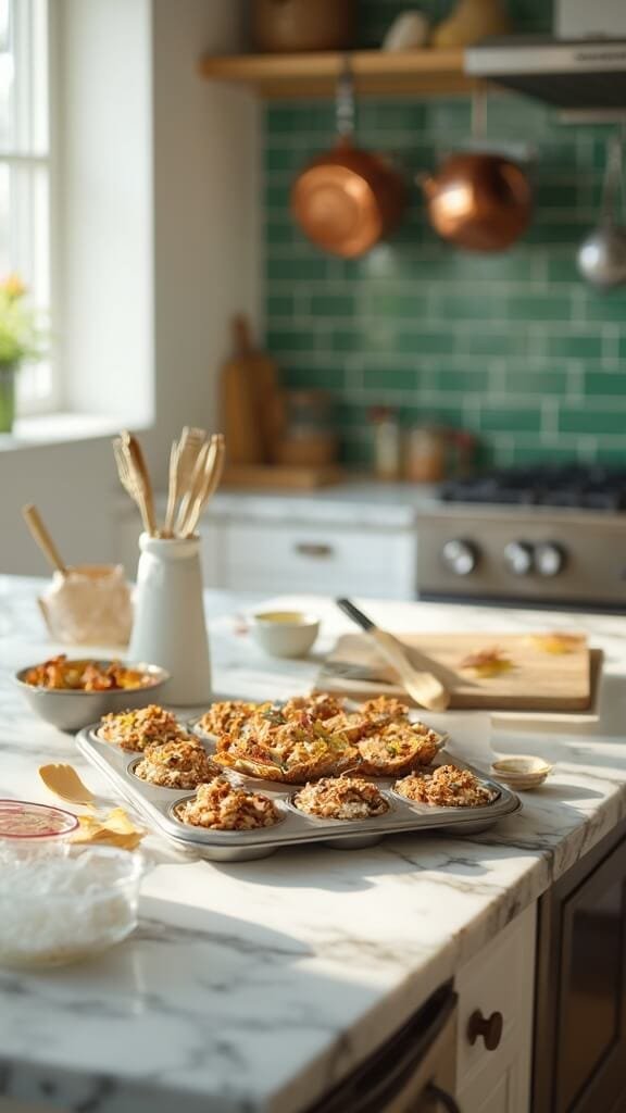 Protein Baklava Cups 6 Protein baklava mixture in mini muffin tin on a modern kitchen countertop, with wooden utensils and cream-colored bowls