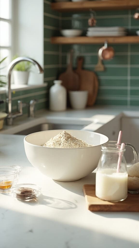 Protein Pudding (Whey/Casein + Almond Milk) 3 Modern kitchen scene with white ceramic mixing bowl filled with vanilla protein powder, almond milk, and vanilla extract on marble countertop; illuminated by natural daylight.