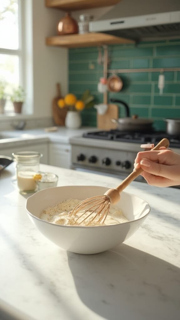 Protein Pudding (Whey/Casein + Almond Milk) 4 Protein powder being mixed with almond milk in a cream-colored ceramic bowl in a modern kitchen with green subway tile backsplash and natural daylight.