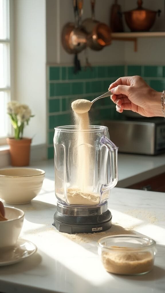Protein powder being poured into blender in a modern kitchen with white marble countertops and stainless steel appliances