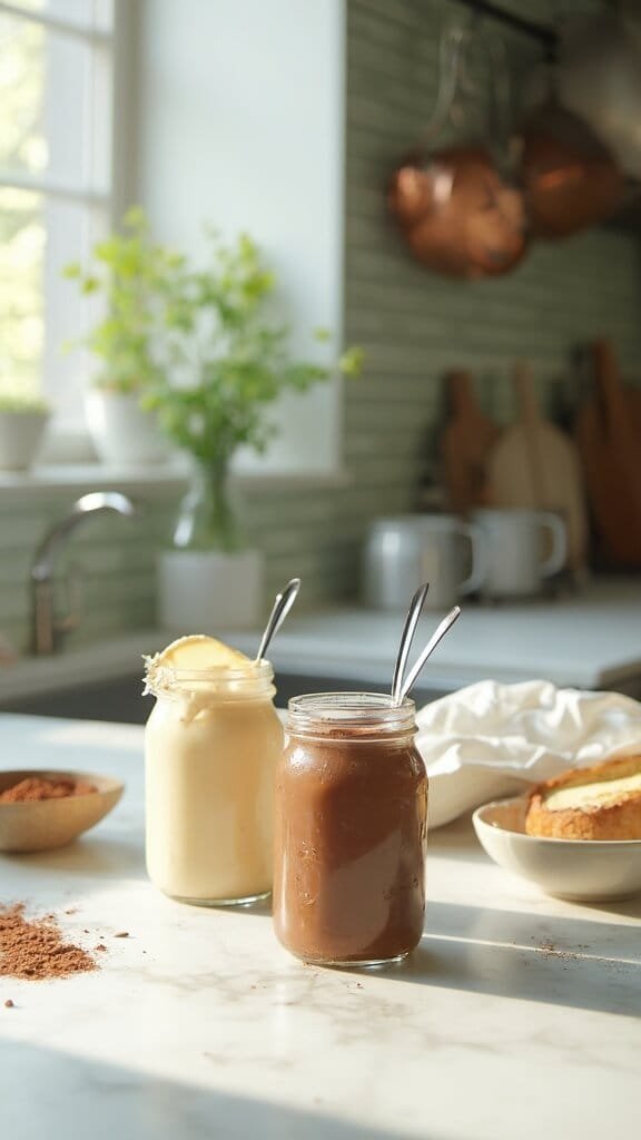 Protein Pudding (Whey/Casein + Almond Milk) 7 Professional kitchen setup with modern cookware, wooden utensils, and cream-colored prep bowls on white marble countertops, illuminated by natural daylight. Two mason jars with creamy protein puddings, one vanilla and one chocolate, set for photography.
