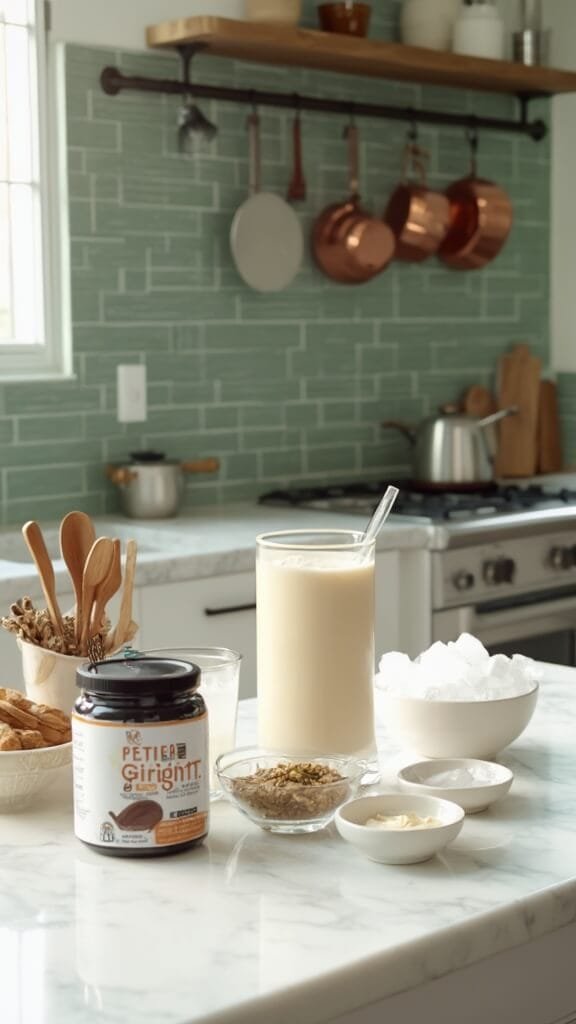 Ingredients for protein shake including whey protein powder, almond milk, ice cubes, and optional additives on a modern kitchen countertop with warm, earthy color grading.