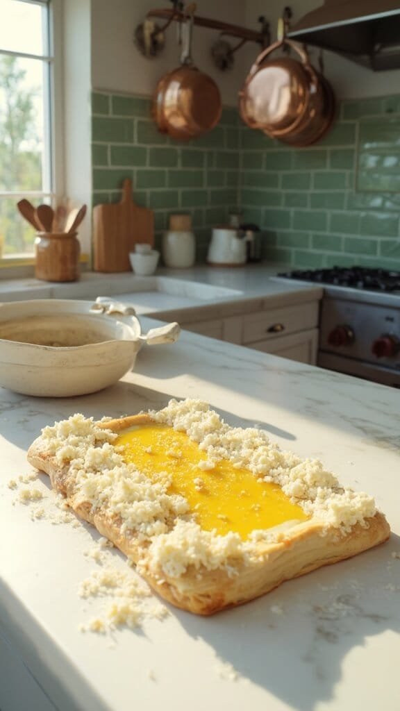 Cheesy Puff Pastry Twists 4 Modern kitchen scene with puff pastry brushed with egg wash and cheese on marble countertop, shot with natural daylight
