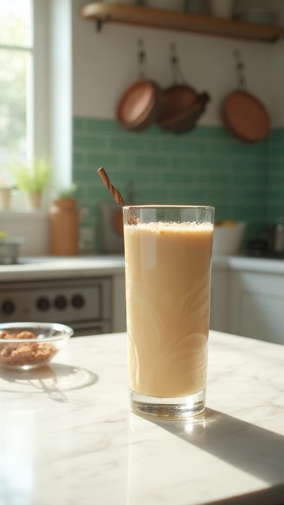 Professional food photograph of a creamy protein shake in a modern kitchen with daylight lighting, green subway tiles, and copper pots