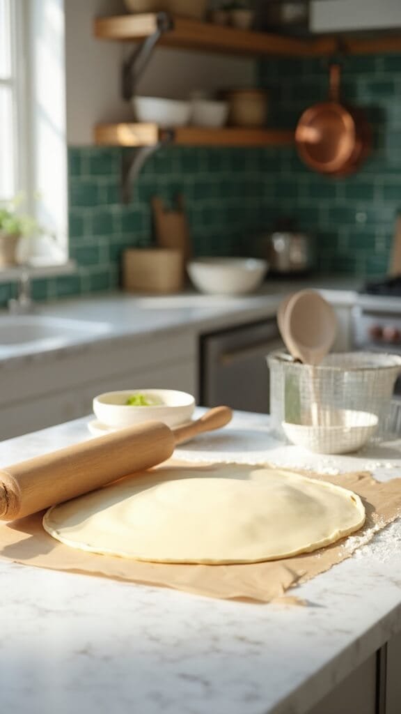 Dense &Amp; Ultra Low-Carb Coconut Flour Pie Crust 5 Dough being rolled on marble countertop in modern kitchen with wooden rolling pin, cream-colored ceramic prep bowls, and stainless steel appliances under a window with daylight