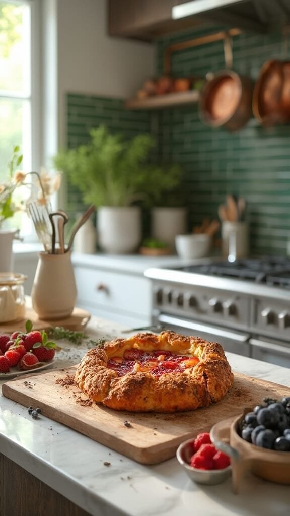 Rustic Fruit Galette 7 Freshly baked galette with golden brown crust on a rustic wooden board, surrounded by fresh berries in a modern kitchen with green subway tile backsplash and copper pots.