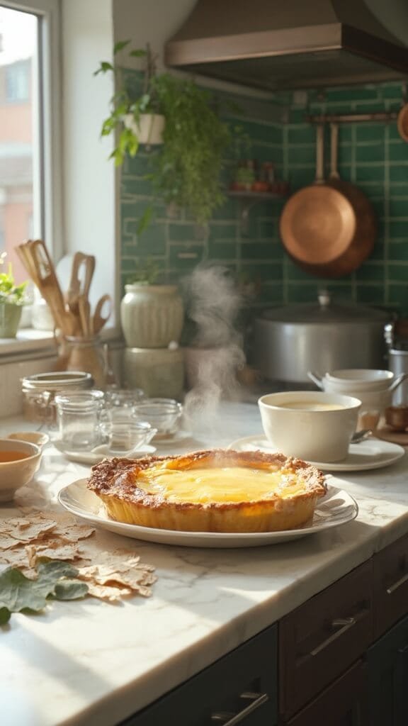 Spinach, Egg &Amp; Cheese Crust Pie 6 Perfectly baked pie with golden brown top and rising steam on a modern kitchen counter illuminated by natural daylight