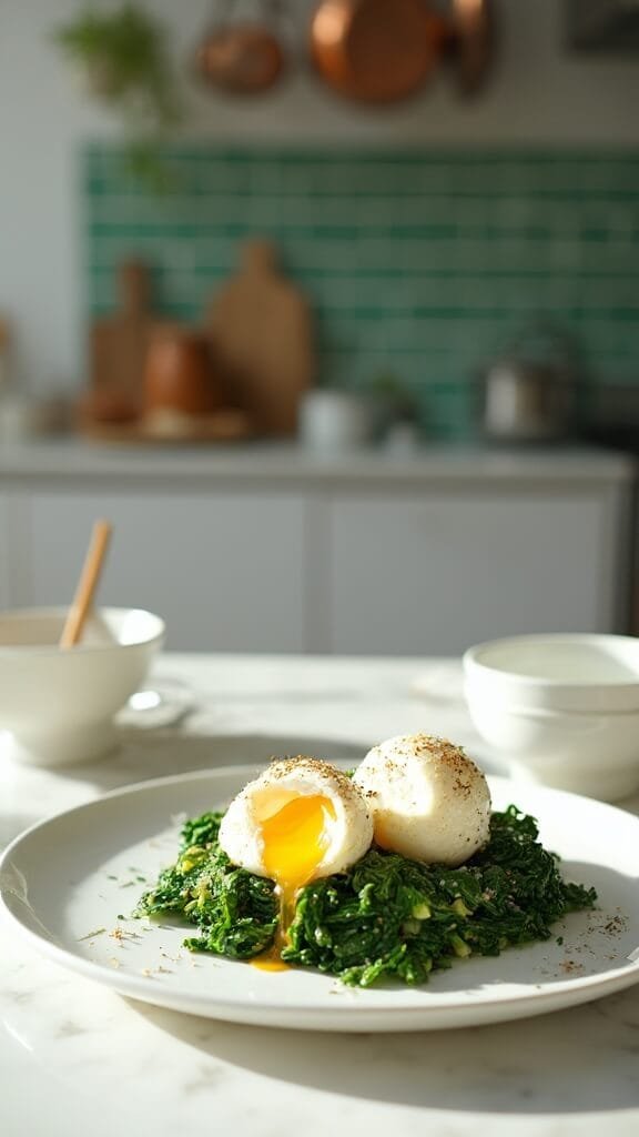 Perfectly poached eggs on sautéed greens plated in a modern kitchen