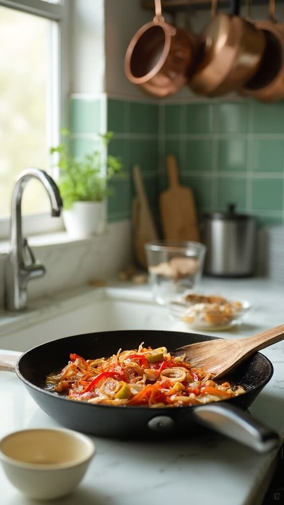 Modern kitchen with sautéed onions and peppers in a cast iron skillet, wooden utensils, cream-colored ceramic and clear prep bowls on white marble countertops under natural daylight