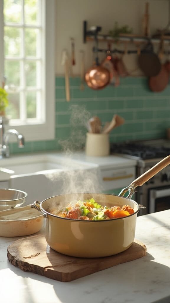 Turkey &Amp; Wild Rice Soup 4 Modern kitchen scene with sautéing vegetables in enameled dutch oven, wooden utensils, and cream-colored prep bowls on white marble countertop, with natural daylight casting soft shadows.