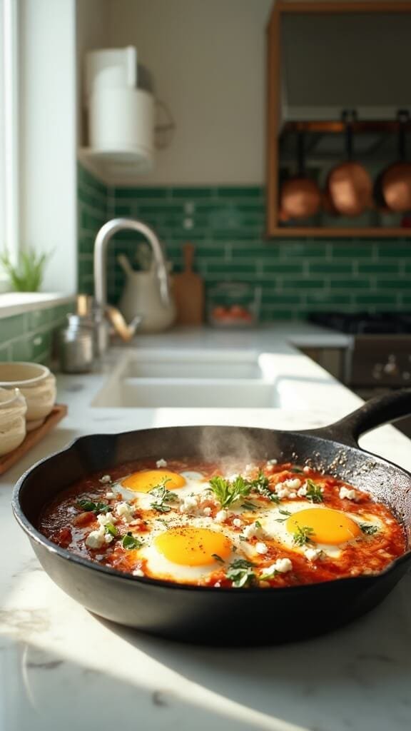 Shakshuka in cast iron skillet on a modern kitchen countertop with modern cookware, wooden utensils and ceramic bowls, lit by natural daylight from window.