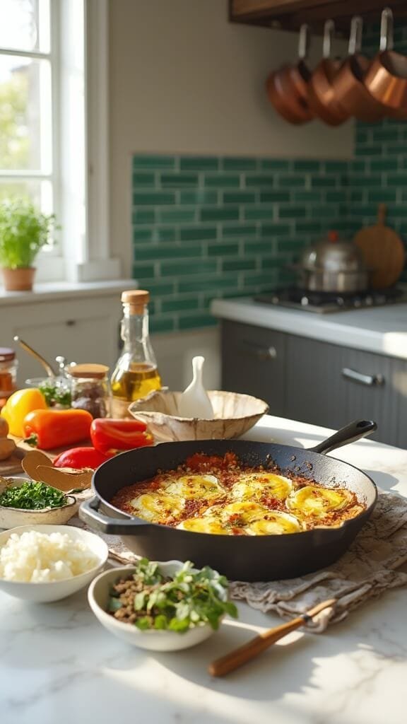 Ingredients for shakshuka arranged in a modern kitchen with white marble countertops and stainless steel appliances, lit by natural light from a window.