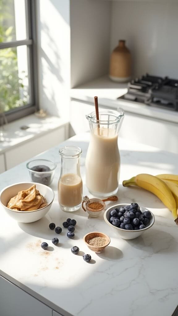 Blueberry Almond Protein Smoothie 3 Ingredients for a smoothie beautifully arranged on a modern kitchen countertop, including blueberries, banana, almond butter, protein powder, almond milk, cinnamon and chia seeds with a blender in the corner.