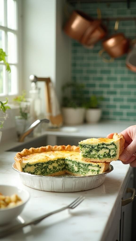 Spinach, Egg &Amp; Cheese Crust Pie 7 Sliced spinach pie with creamy filling in a modern kitchen with green subway tiles and wooden utensils, shot in natural daylight