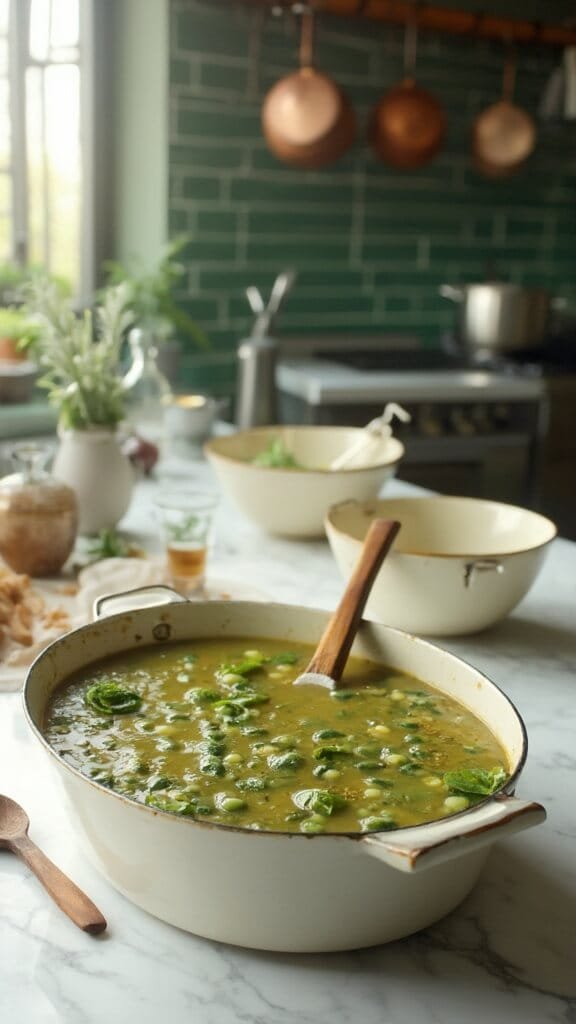 Split Pea Soup (Classic Ham &Amp; Pea Or Vegetarian Options) 5 Modern kitchen with soup cooking in dutch oven, surrounded by wooden utensils and cream-colored prep bowls, lit by natural daylight from a window.