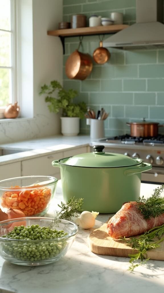 Split Pea Soup (Classic Ham &Amp; Pea Or Vegetarian Options) 3 Ingredients for split pea soup arranged in a modern kitchen with green subway tile backsplash, featuring dried peas, fresh vegetables, herbs, and ham hock on a wooden cutting board, next to a sage green dutch oven.