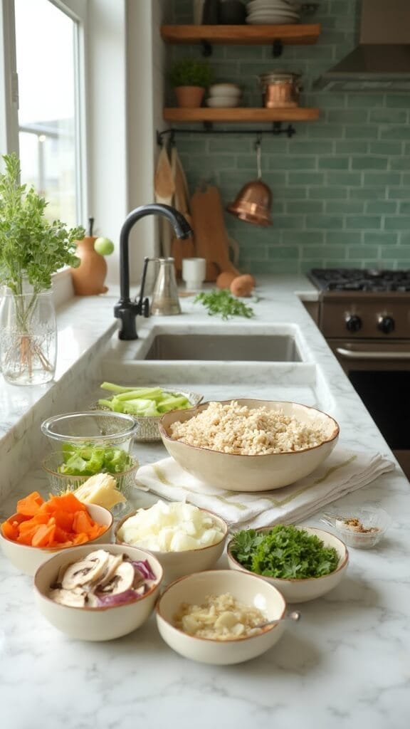 Turkey &Amp; Wild Rice Soup 3 Professional food photography of a modern kitchen with mise en place setup featuring chopped vegetables and turkey in cream-colored bowls, under natural daylight.