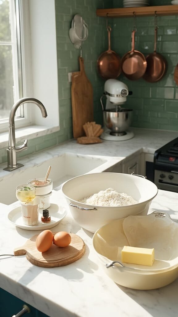 Ingredients for vanilla sponge cake arranged on a modern kitchen countertop with warm lighting