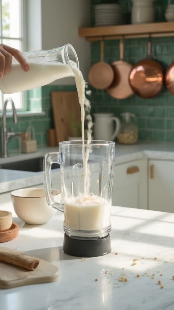 Almond milk pouring into a blender with protein powder in a modern, daylight-lit kitchen
