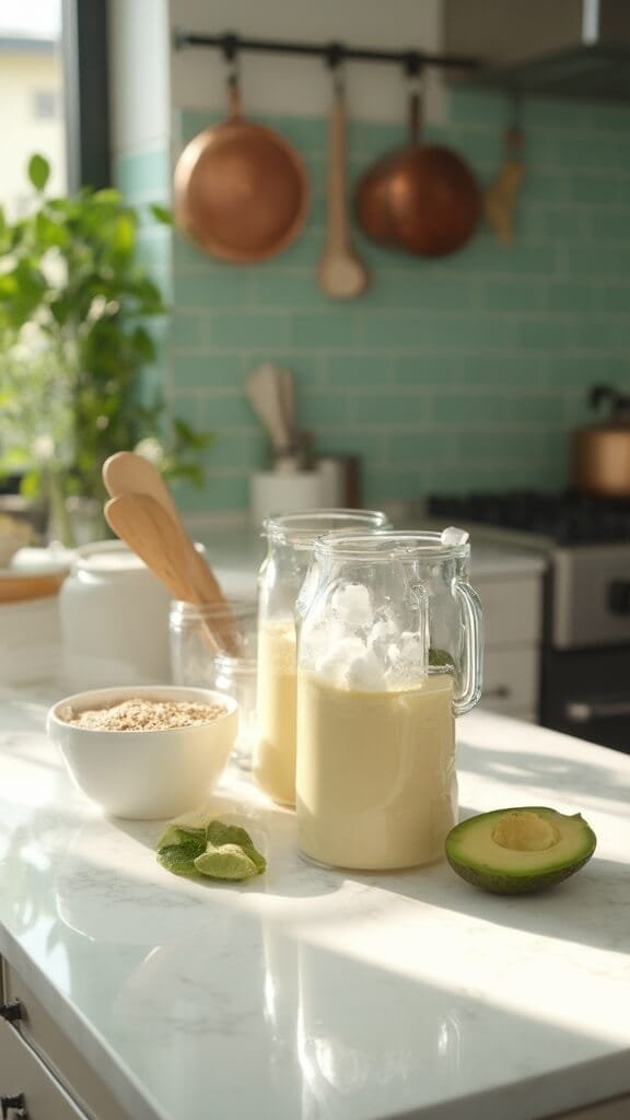 Professional kitchen scene with blender containing almond milk and ice, avocado being added, and protein powder on white marble countertop.