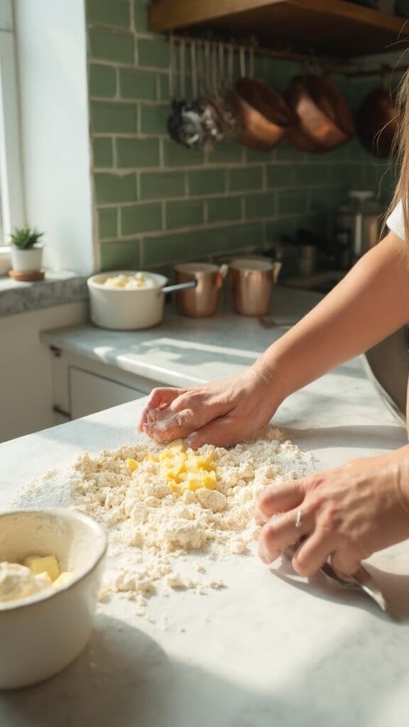 Rustic Fruit Galette 4 Hands mixing butter into flour on a marble countertop in a modern kitchen, with wooden utensils and cream-colored prep bowls nearby