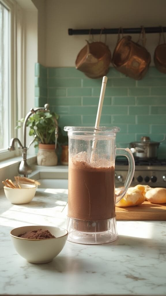 Blender in a modern kitchen creating a creamy chocolate smoothie with warm, earthy tones