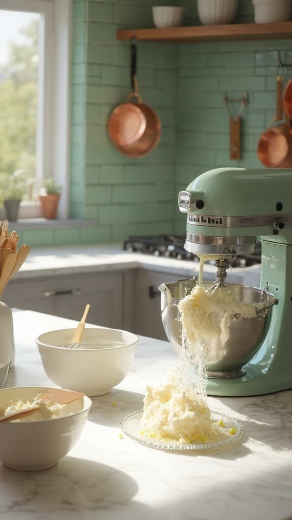Modern kitchen with white marble countertops and a creamed butter and sugar mixture in a stand mixer
