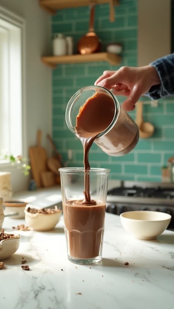 Chocolate smoothie pouring from blender into clear glass in a modern kitchen with white marble countertops and stainless steel appliances