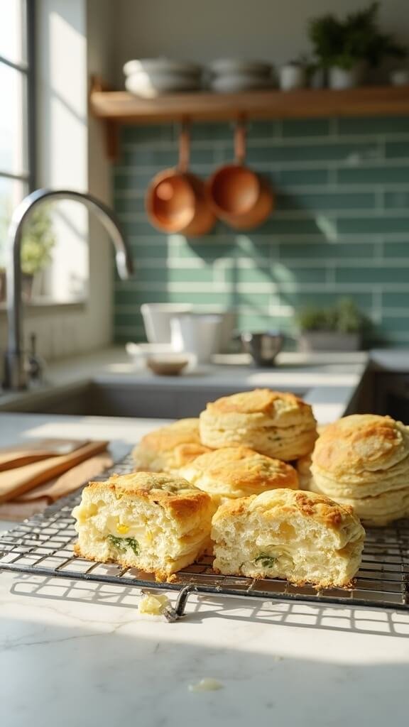 Flaky Herb Biscuits 7 Golden-brown biscuits on cooling rack in modern kitchen, one split open revealing flaky layers and melted butter, with fresh herbs, modern cookware, and wooden utensils on marble countertops.