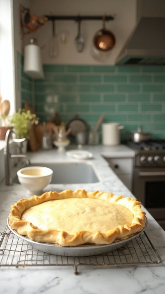 Dense &Amp; Ultra Low-Carb Coconut Flour Pie Crust 7 Freshly baked pie crust on a wire rack in a modern kitchen with white marble countertops, stainless steel appliances, and green subway tile backsplash
