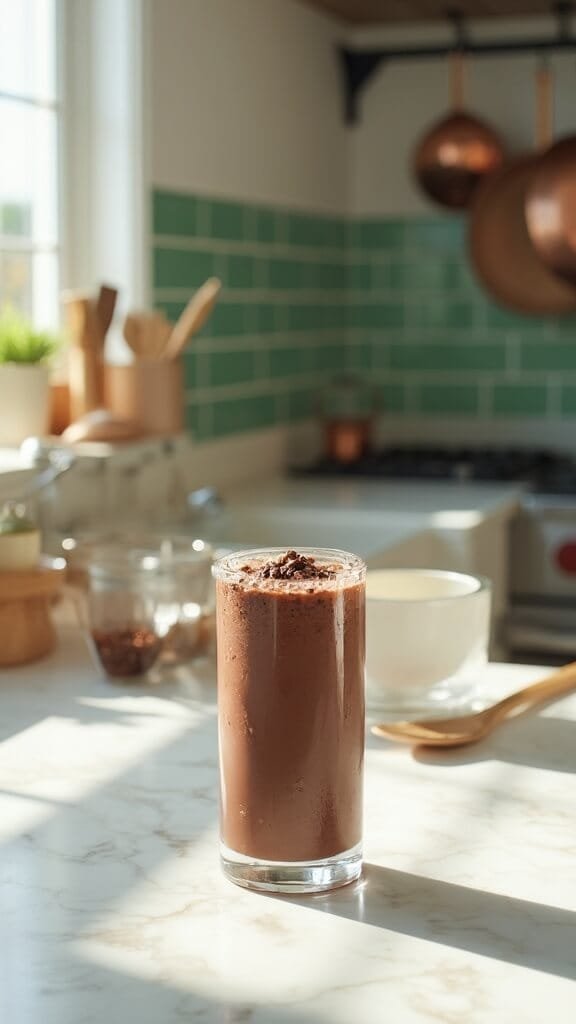 Professional food photography of a creamy chocolate smoothie in a clear glass, garnished with cacao nibs, set in a modern kitchen with green subway tiles and copper pots, lit by natural daylight.