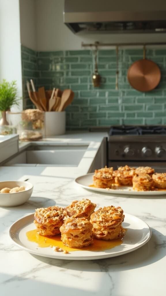 Protein Baklava Cups 7 Professional food photography of protein baklava cups with honey syrup and chopped nuts, on a white ceramic serving plate in a modern kitchen with green subway tile backsplash, natural daylight from left window.