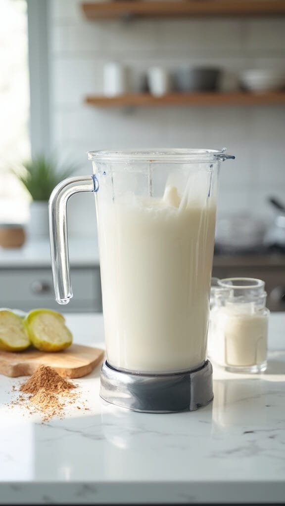 Blueberry Almond Protein Smoothie 4 High-end blender mixing almond milk and protein powder in a modern kitchen with white marble countertops and stainless steel appliances, with additional ingredients arranged in the background