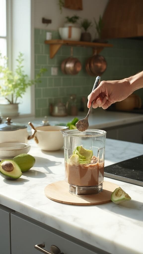 Ripe avocado half being scooped into a blender with coffee-cocoa mixture in a modern, sunlit kitchen