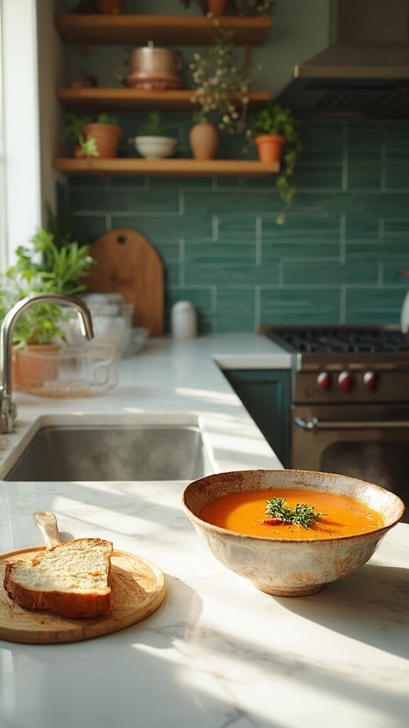 Split Pea Soup (Classic Ham &Amp; Pea Or Vegetarian Options) 7 Steaming soup garnished with fresh thyme and black pepper in a rustic ceramic bowl, with a slice of crusty bread on a wooden board, in a modern kitchen with green subway tiles and warm, earthy tones.