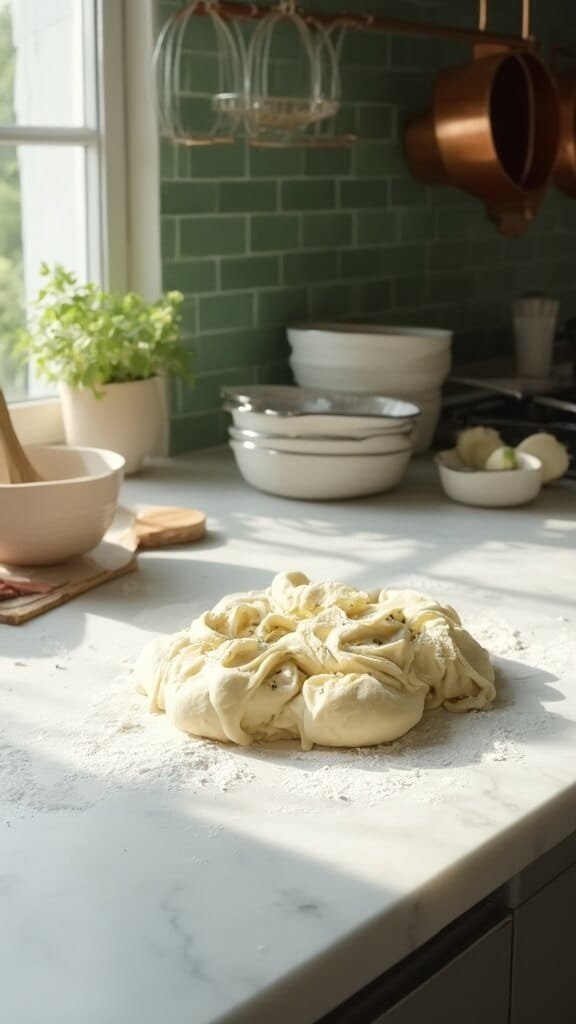 Flaky Herb Biscuits 5 Shaggy dough being folded on marble kitchen counter with modern cookware and wooden utensils around, in natural daylight.