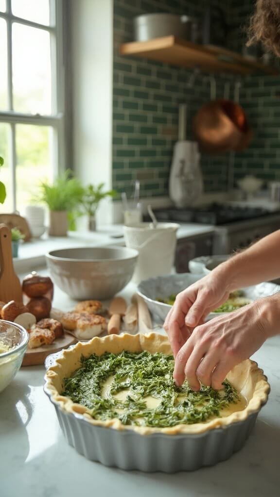 Spinach, Egg &Amp; Cheese Crust Pie 4 Hands pressing raw spinach crust mixture into a pie pan in a modern kitchen with green subway tile backsplash, wooden utensils and cream-colored prep bowls